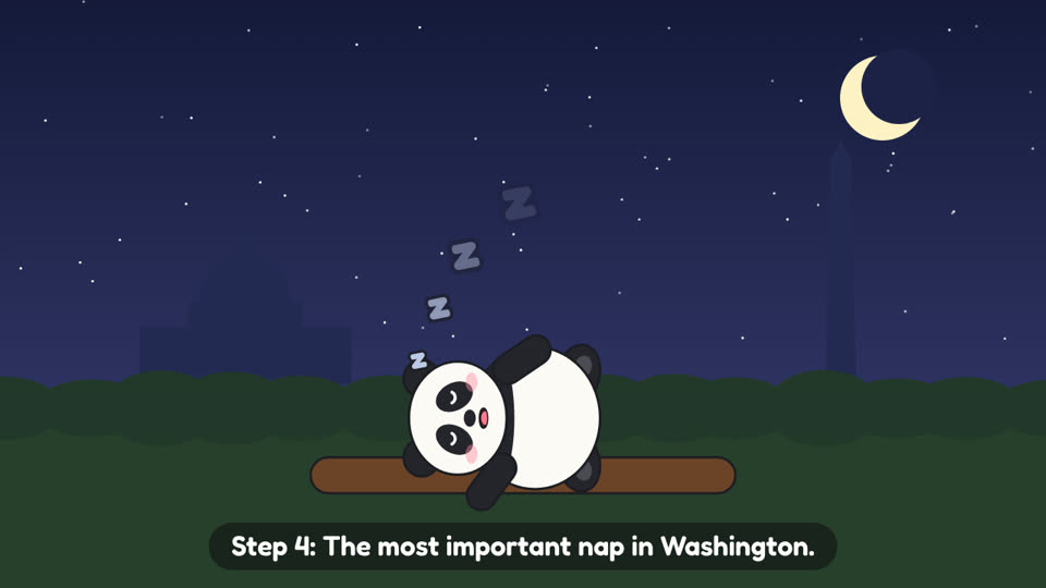 Cartoon Qing Bao asleep on a log under the night sky with floating Zs