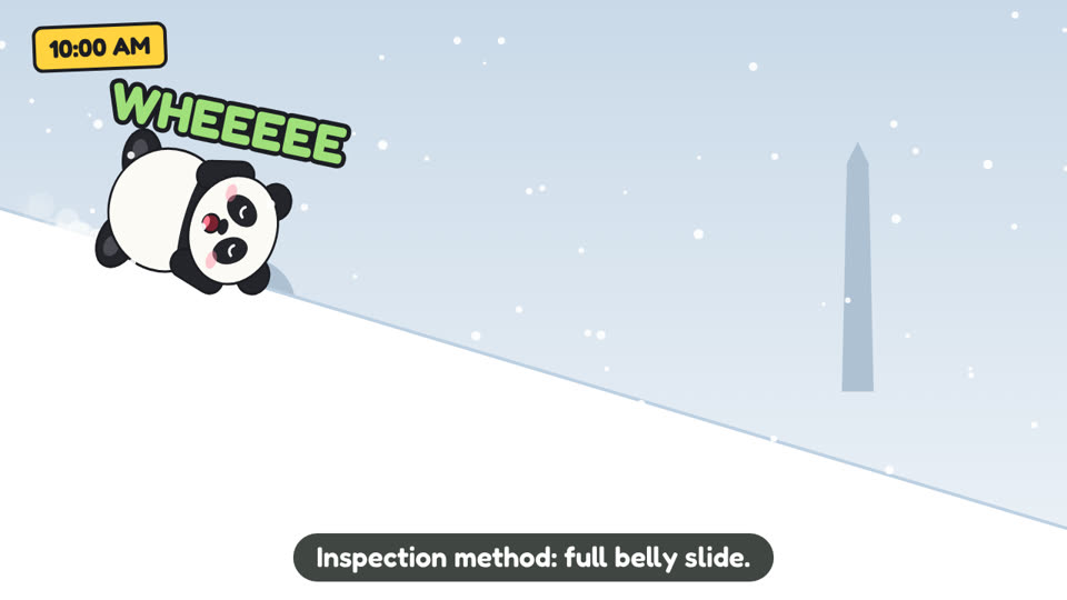 Cartoon Qing Bao belly-sliding down a snowy hill shouting WHEEE